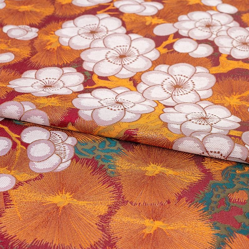 Nishijin Crane Sakura Fabric: Gold Jacquard Silk Brocade, 59" Wide