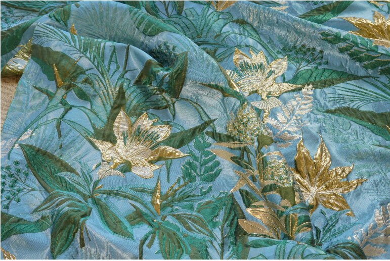 Gold Thread Jacquard Fabric: 3D Floral Designer Fabric
