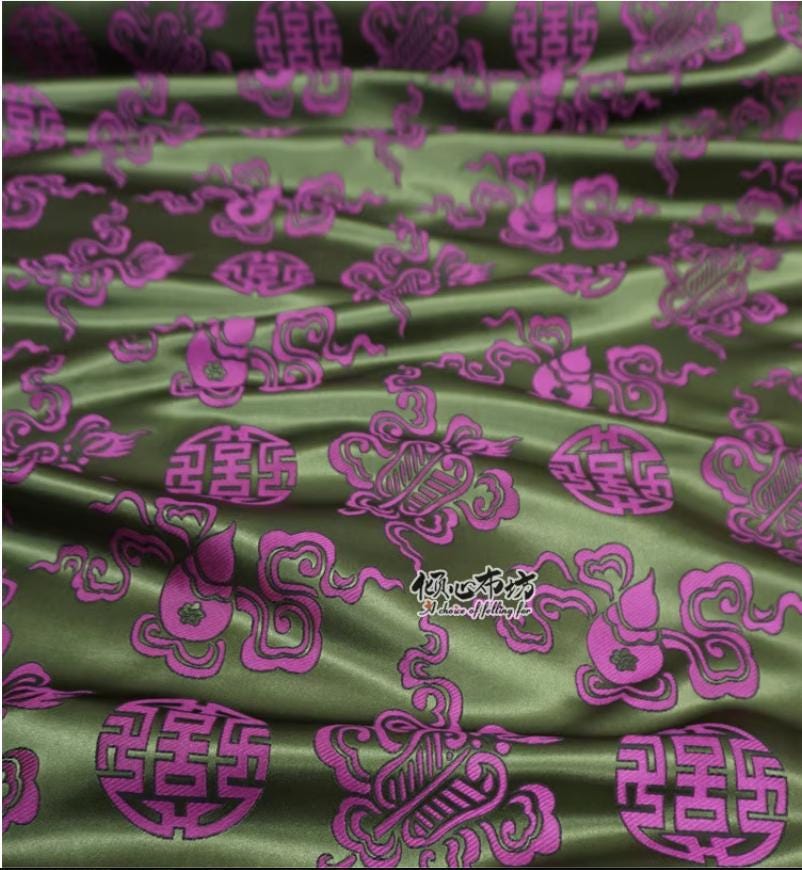 Silk Brocade Fabric: Purple & Green Chinese Upholstery, Costume, Decor