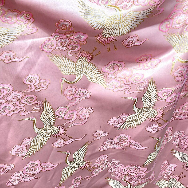 Pink Crane Brocade Fabric: 59"W Jacquard Satin Cheongsam Sewing Fabric