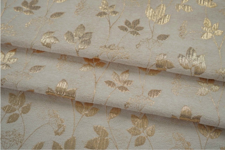 Gold Thread Jacquard Fabric: Floral Tapestry, 55" Wide, By The Meter