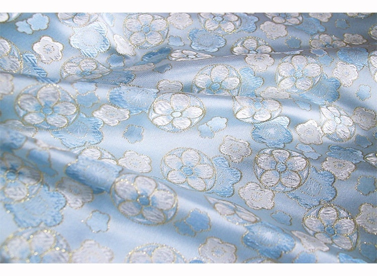 Cherry Blossom Jacquard Brocade Fabric: Blue Silk Rayon Blend, 57" Wide