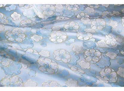 Cherry Blossom Jacquard Brocade Fabric: Blue Silk Rayon Blend, 57" Wide