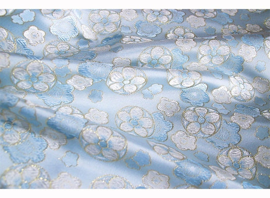 Cherry Blossom Jacquard Brocade Fabric: Blue Silk Rayon Blend, 57" Wide