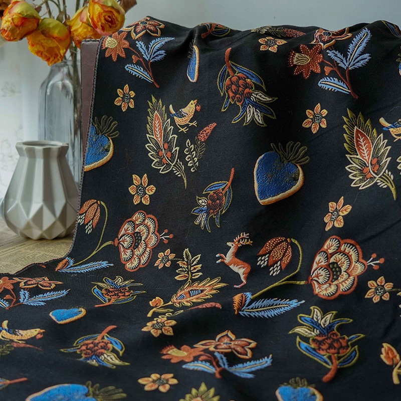 Black Animal Jacquard Fabric: Floral Upholstery, Costume, Decor - 59"W