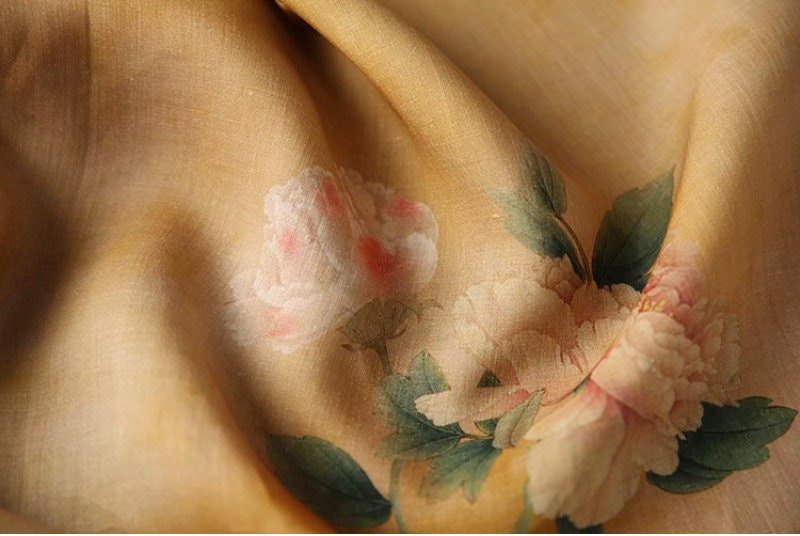Floral Ramie Fabric: Dunhuang Ink Painting, Natural Fiber (57"W)