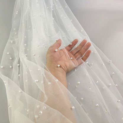 Beaded Pearl Mesh Lace Fabric, Bridal Wedding Veil, 59" Wide