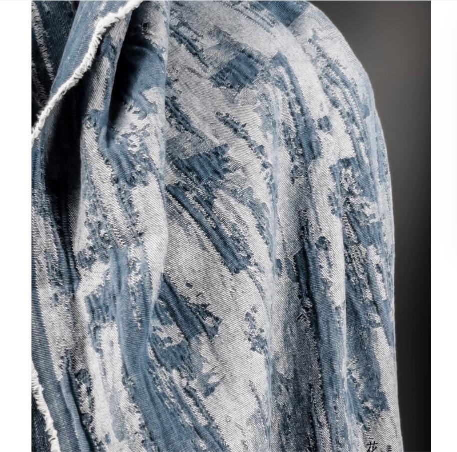 Blue Distressed Denim Jacquard Fabric: Washed Textured Design, 55"W