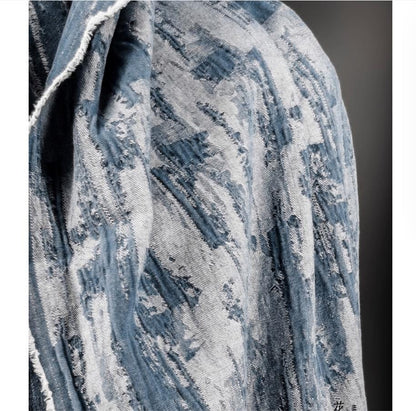 Blue Distressed Denim Jacquard Fabric: Washed Textured Design, 55"W
