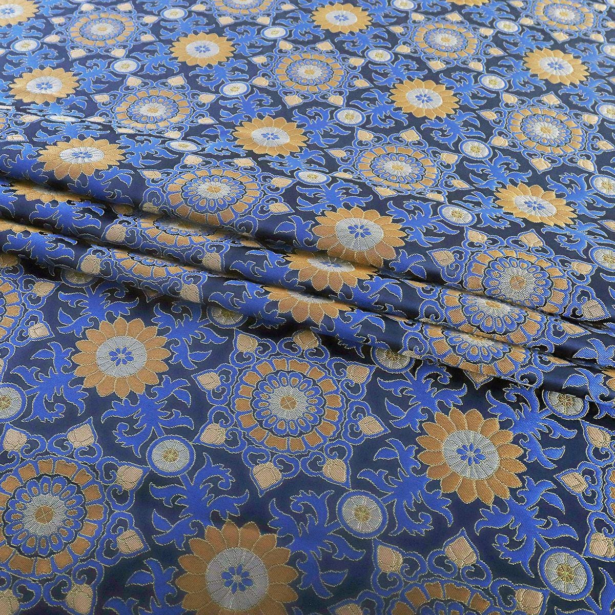 Navy Blue Zen Flower Brocade Fabric: 59" Wide, Upholstery & Costume
