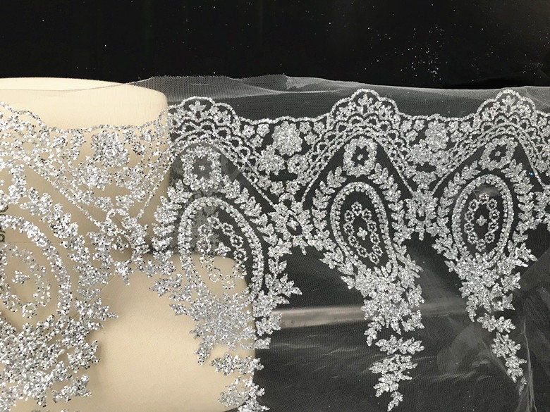 Dentelle de mariage brodée : Tissu de mariée romantique à fleurs, couture de costumes (11,5 po L)