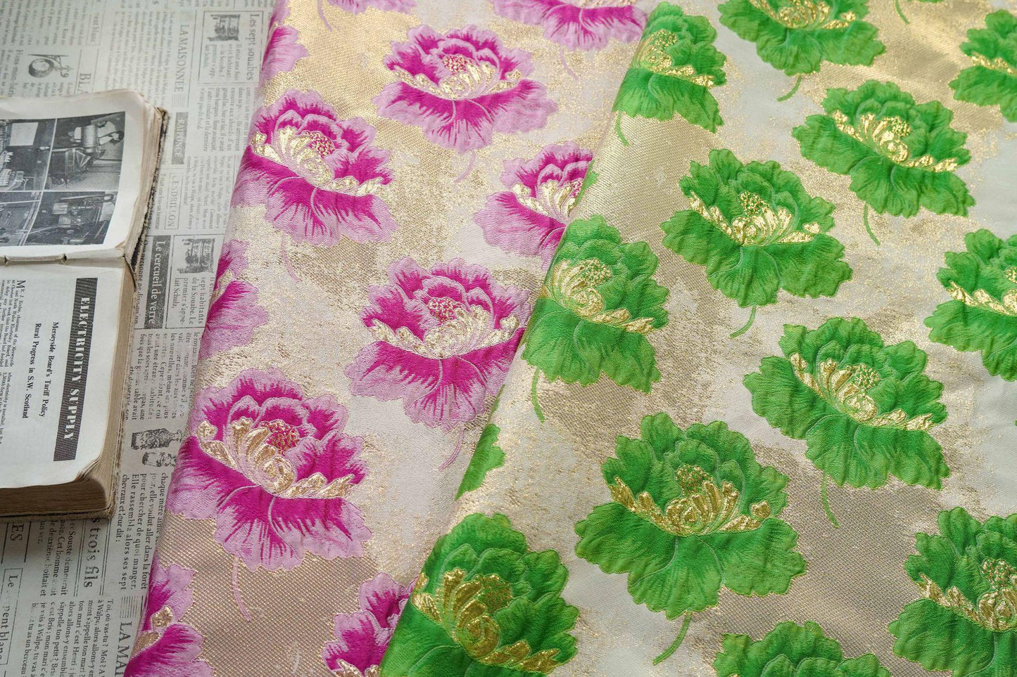 3D Embossed Peony Jacquard Fabric with Gold & Silver Threads, Woven Upholstery Fabric, 58"Wide