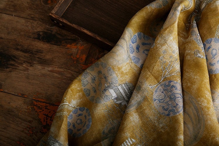 Ancient Building Print Ramie Fabric: Natural Fiber Sewing Material