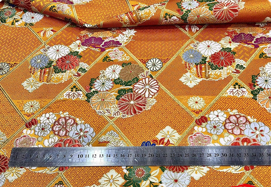 Nishijin Japanese Floral Brocade Fabric: Red Silk Rayon Jacquard