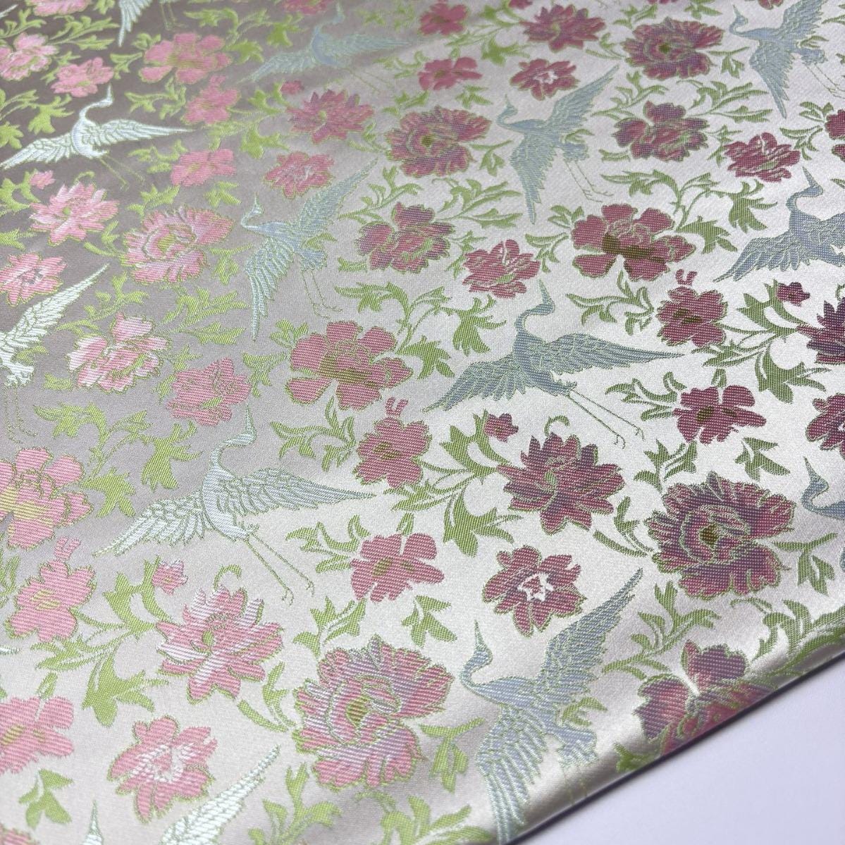 Flower and Cranes Jacquard Satin Brocade Fabric: Antique Cheongsam Sewing, 57"W