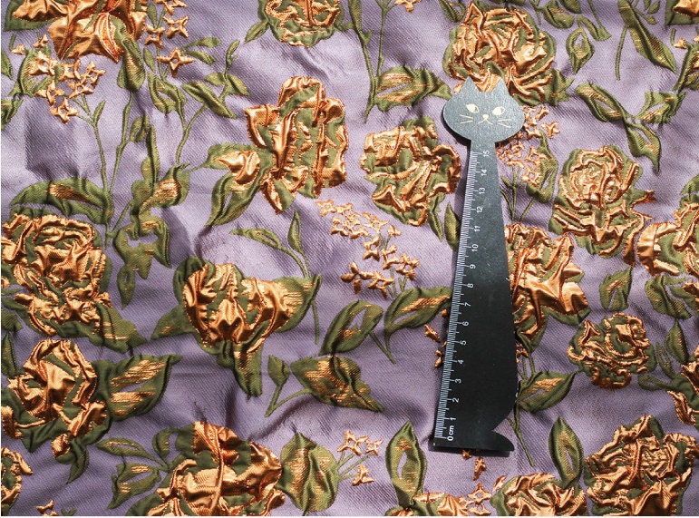 Gold Thread Floral Jacquard Fabric: 3D Texture, 55" Wide
