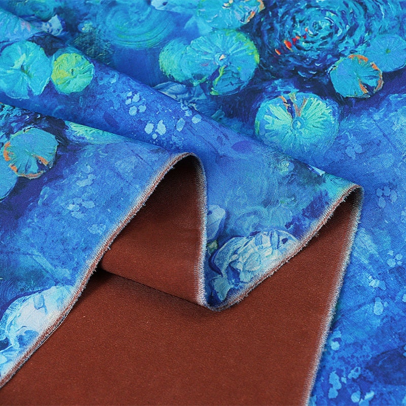 Blue Floral Silk Satin Fabric: 59"W Digital Print for Sewing & Decor