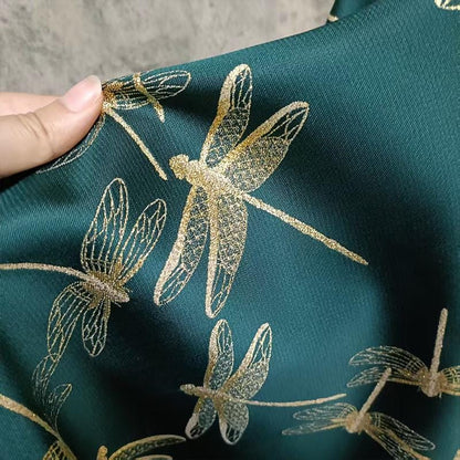 Gold Dragonfly Brocade Fabric: Elegant Cheongsam & Dress Textile