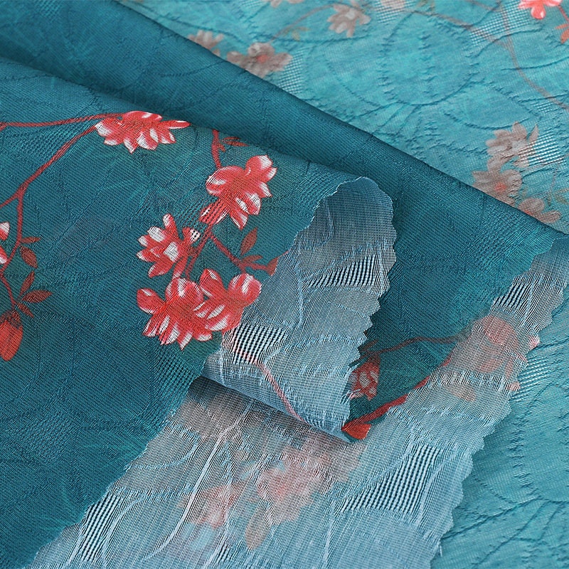 Floral Tencel Ramie Fabric: Teal Painting Pattern, Sewing Material
