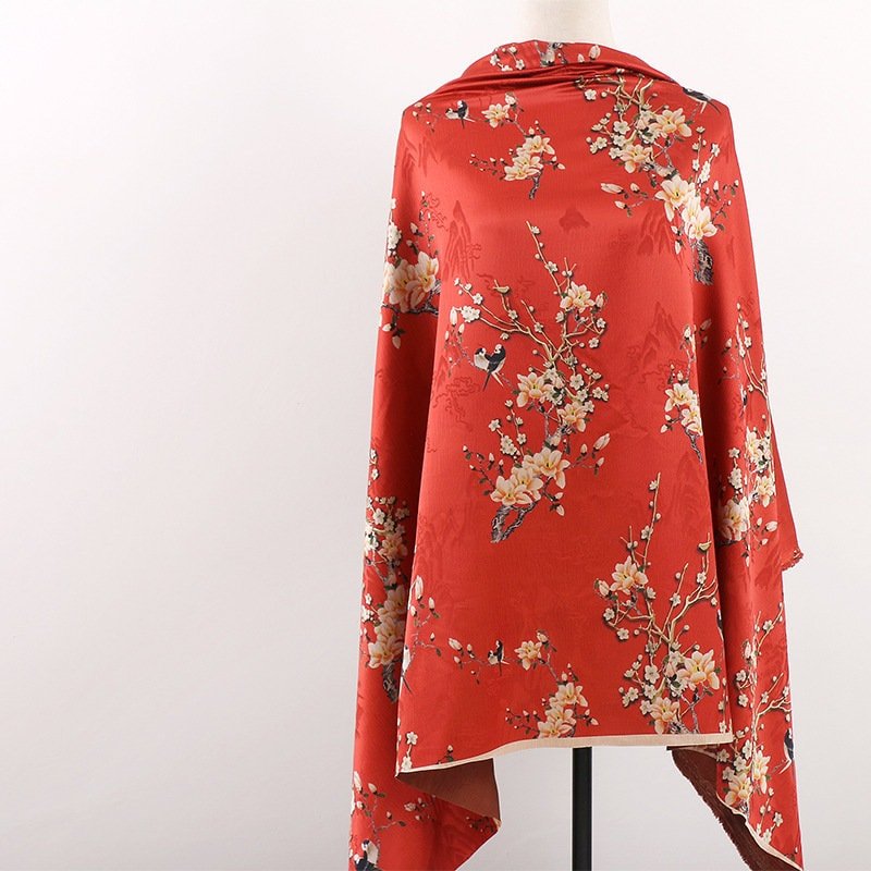 Floral Bird Print Satin Fabric: Gambiered Canton Gauze, 58" Wide - Poppylollipop