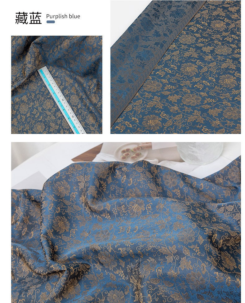 Tissu damassé jacquard pivoine paon : satin de soie thé, 150 cm de large