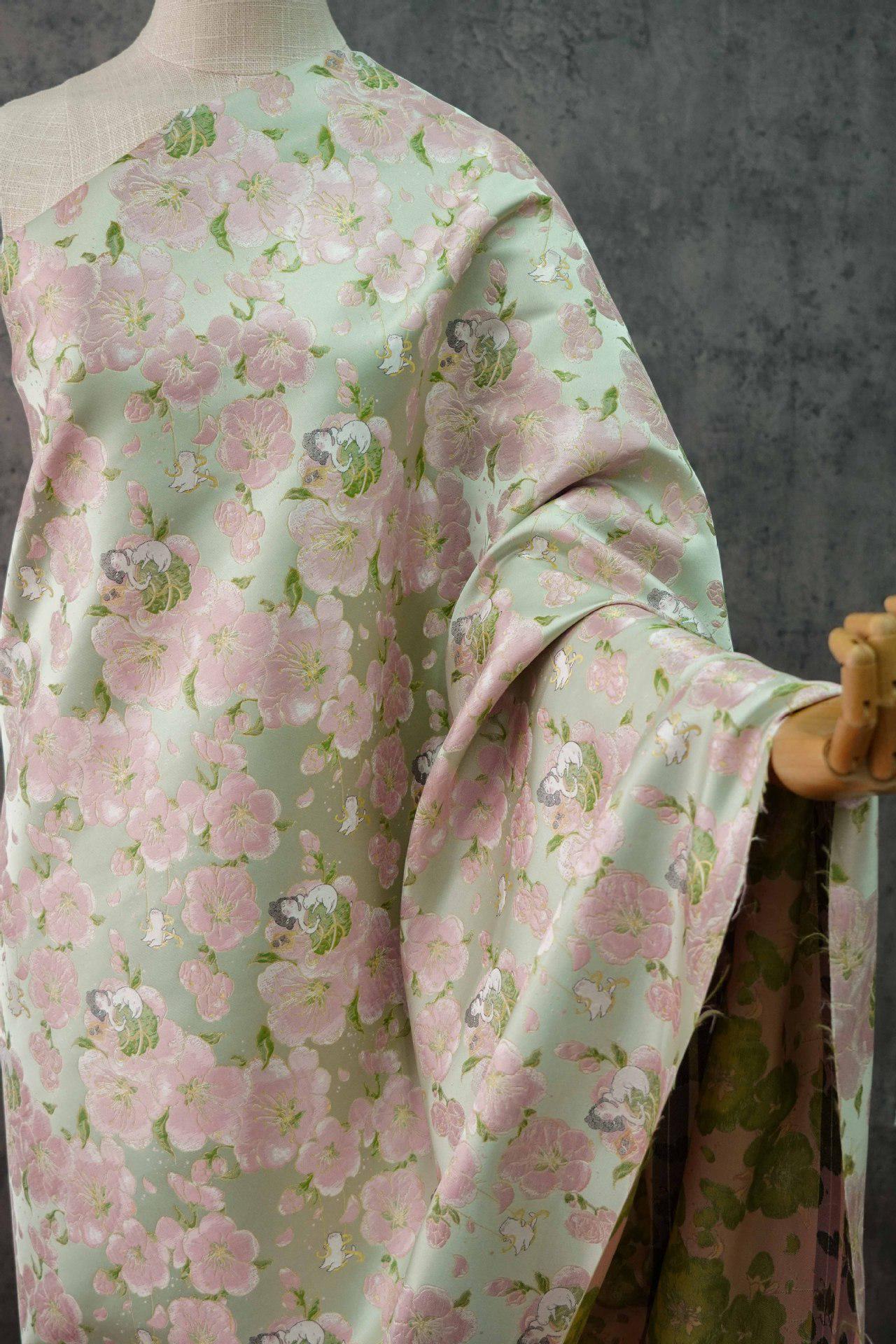 Peach Blossom Brocade Fabric: Floral Jacquard, 58"W Chinese Wedding Material
