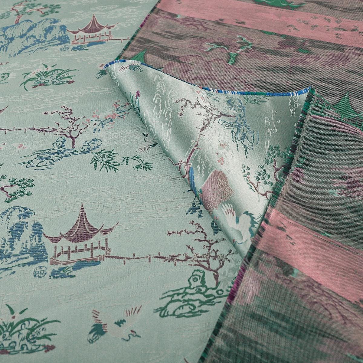 Tissu brocart Nishijin : Kimono Garden bleu aqua, 150 cm de large