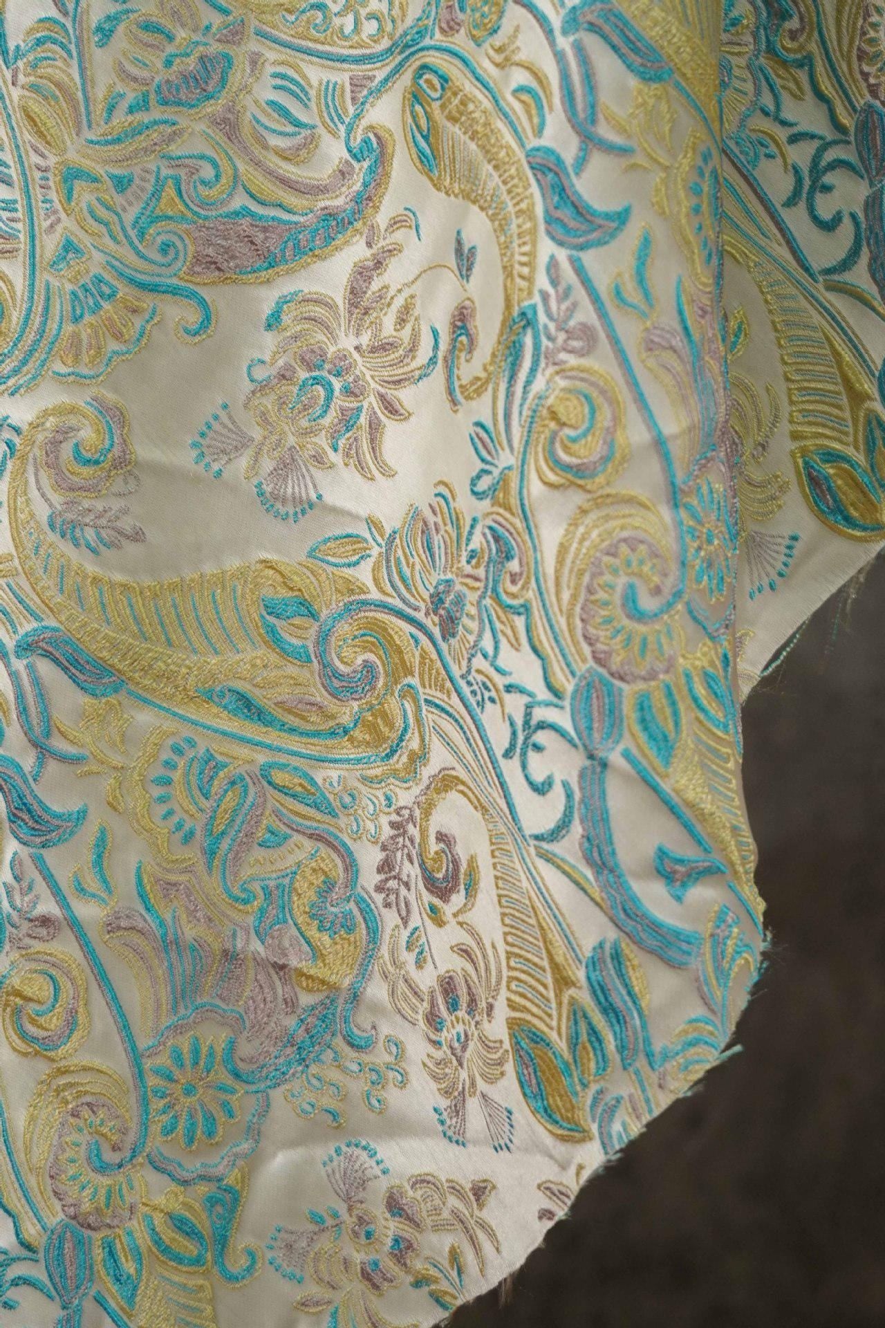 Blue & Yellow Embossed Jacquard Fabric, Palace Damask, 60"W, Meter