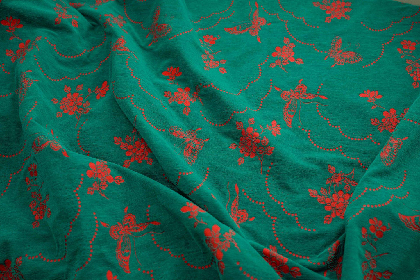 Butterfly Flower Chenille Jacquard Fabric: Red & Green Upholstery, Quilting (By The Meter)
