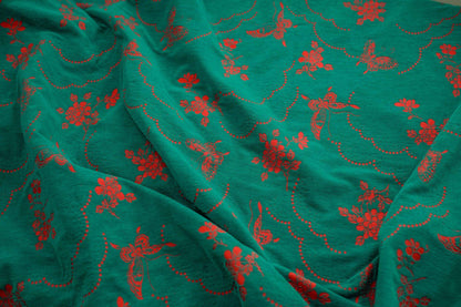 Butterfly Flower Chenille Jacquard Fabric: Red & Green Upholstery, Quilting (By The Meter)