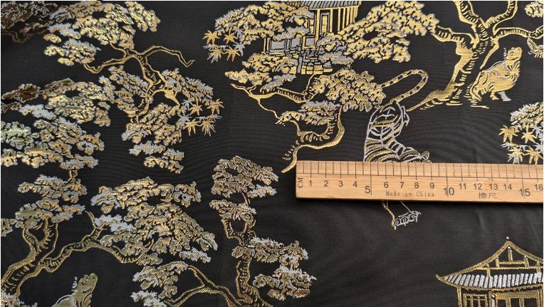 Gold Woven Tiger Jacquard Fabric with Dragon Ox Elements ��� Fashion & Decor Texti"Wide