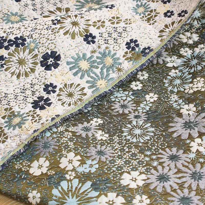 Floral Jacquard Woven Fabric: Olive Green Reversible Upholstery, 54"W