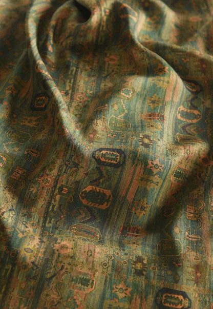 Ancient Chinese Ink Painting Cotton Fabric: Green Drapery Upholstery (55"W)