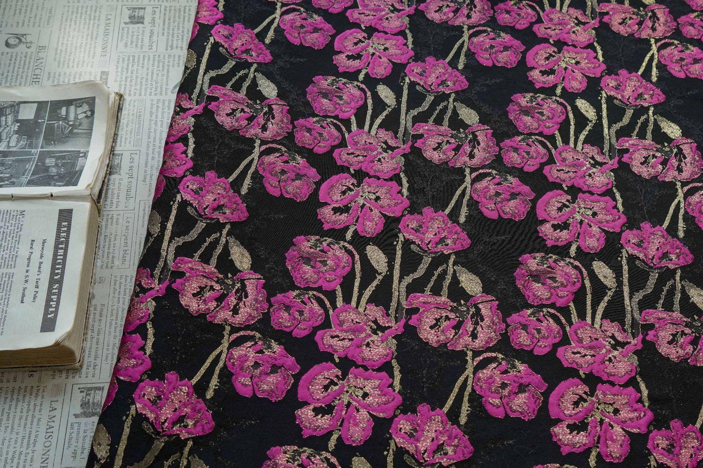Black Jacquard Brocade Fabric | Pink Floral Gold Thread, 65"W