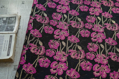Black Jacquard Brocade Fabric | Pink Floral Gold Thread, 65"W
