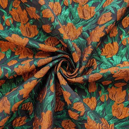 Orange Floral Jacquard Fabric: Gold Foil Upholstery & Sewing (56"W, 1 Meter)