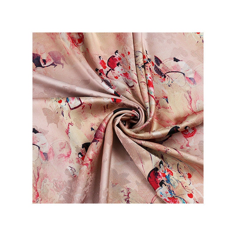 Tissu en soie à motifs de la dynastie Tang : 150 cm de large, imprimé numérique sur satin