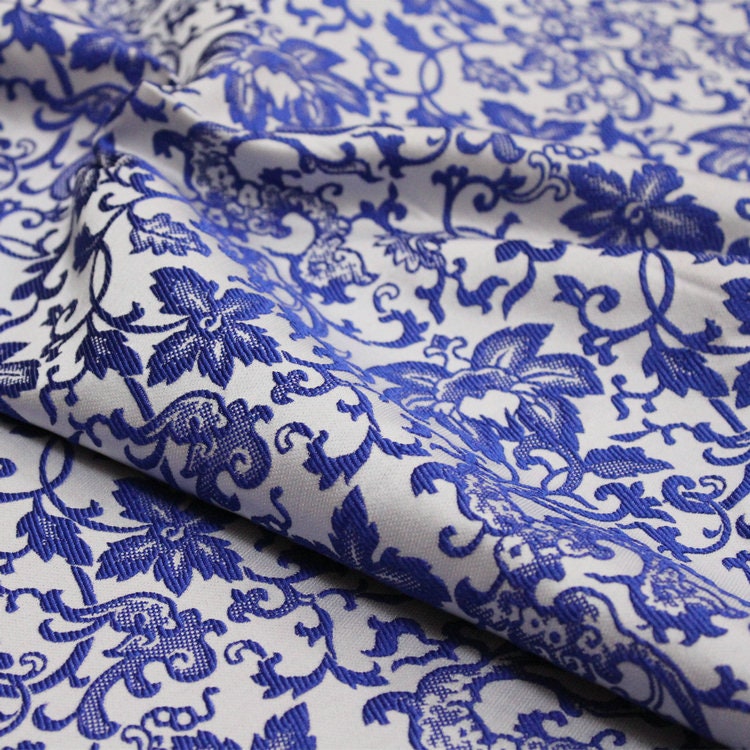 Blue Floral Jacquard Satin Fabric - 59"W Silk Rayon Brocade