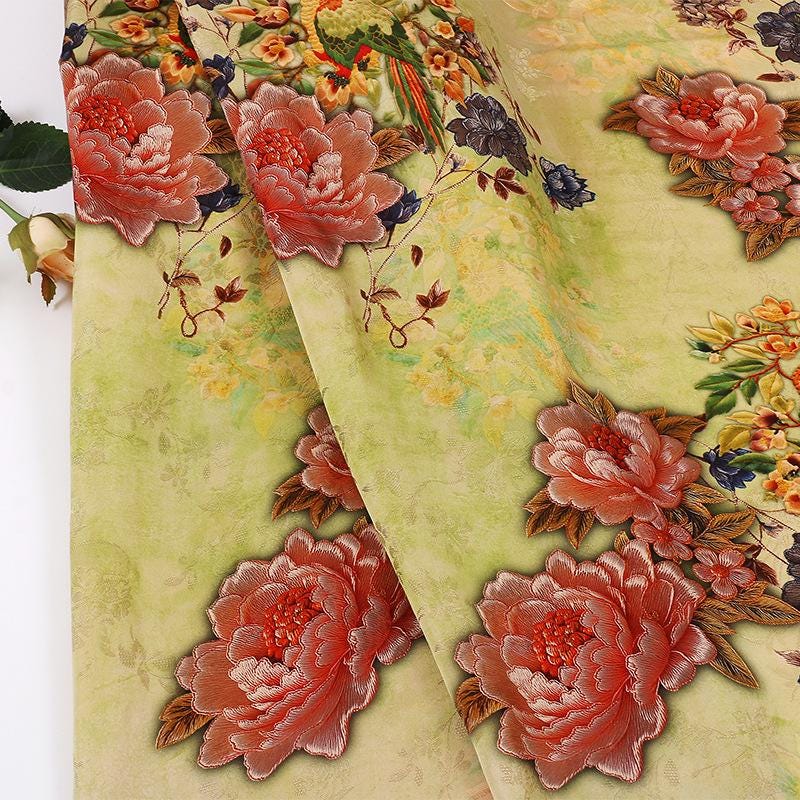 Peony Floral Rayon Silk Fabric: Chinese Print Dressmaking Material, 59" Wide