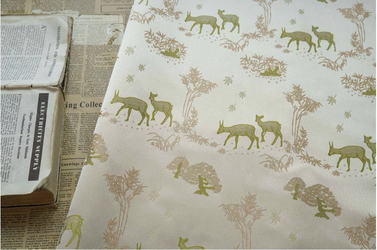 Green Deer Faux Silk Brocade Fabric: 59" Wide, By The Meter