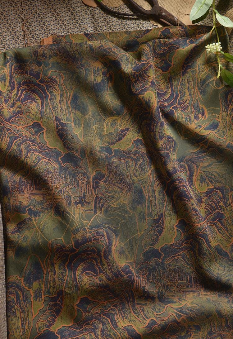 Mountains Ink Painting Cotton Fabric: Drapery, Upholstery, Costume - 55"W