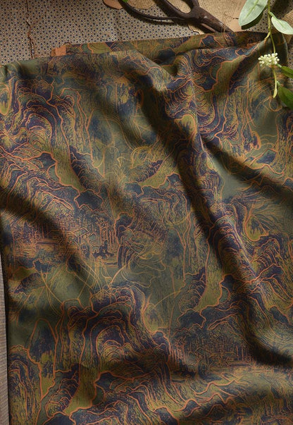 Mountains Ink Painting Cotton Fabric: Drapery, Upholstery, Costume - 55"W