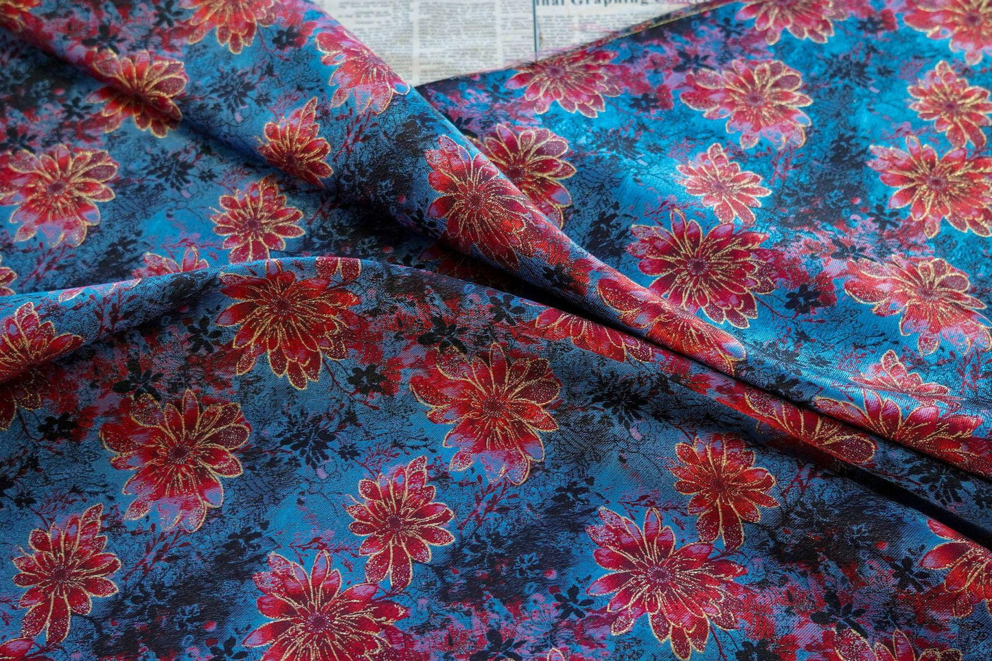 Gold Thread Floral Jacquard Fabric: Blue & Red Costume Dress Material