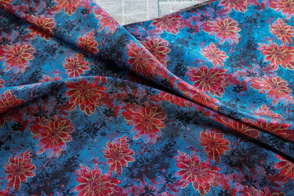 Gold Thread Floral Jacquard Fabric: Blue & Red Costume Dress Material