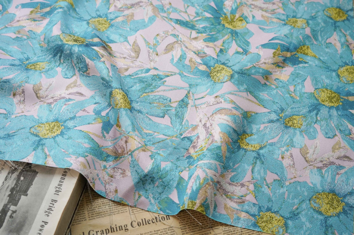 Floral Jacquard Fabric: Island Style Pink Flowers, 55" Wide