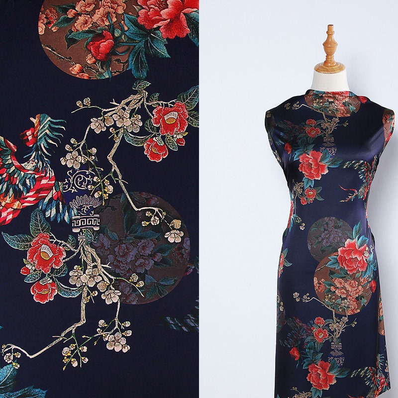 Floral Bird Print Satin Fabric: Gambiered Canton Gauze, 59"W