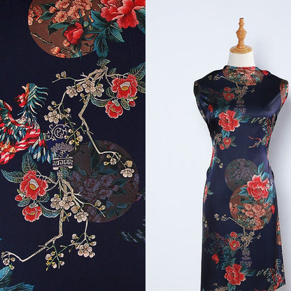 Floral Bird Print Satin Fabric: Gambiered Canton Gauze, 59"W