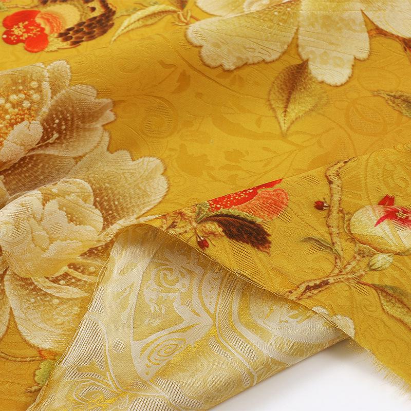 Golden Yellow Blossom Branch Lightweight Brocade Jacquard Fabric ��� Shiny Floral Material for Cheongsam & D