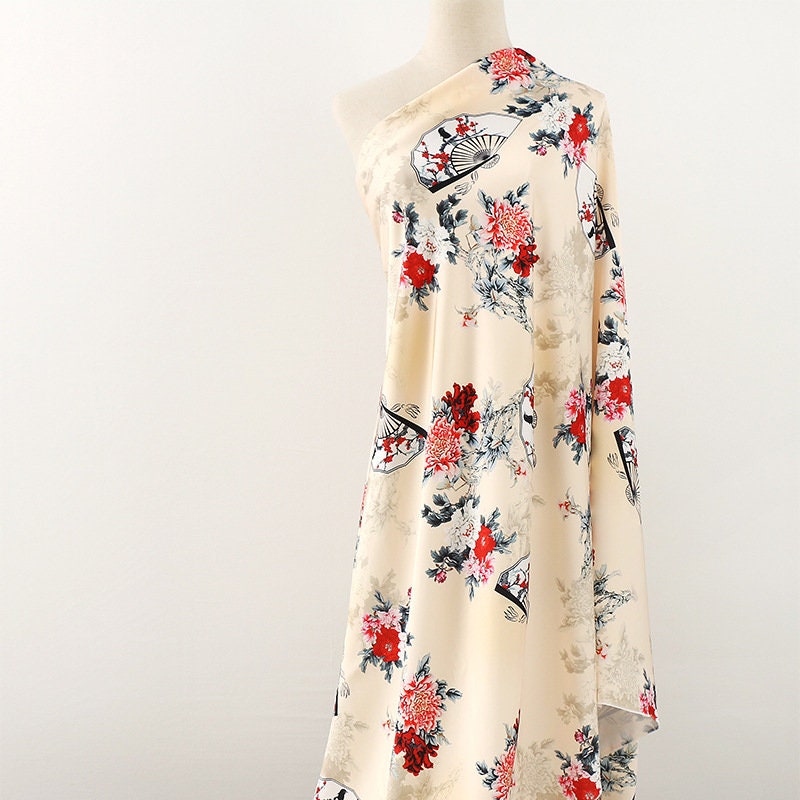 Floral Fan Print Satin Fabric: 59"W Sewing, Upholstery, Costume