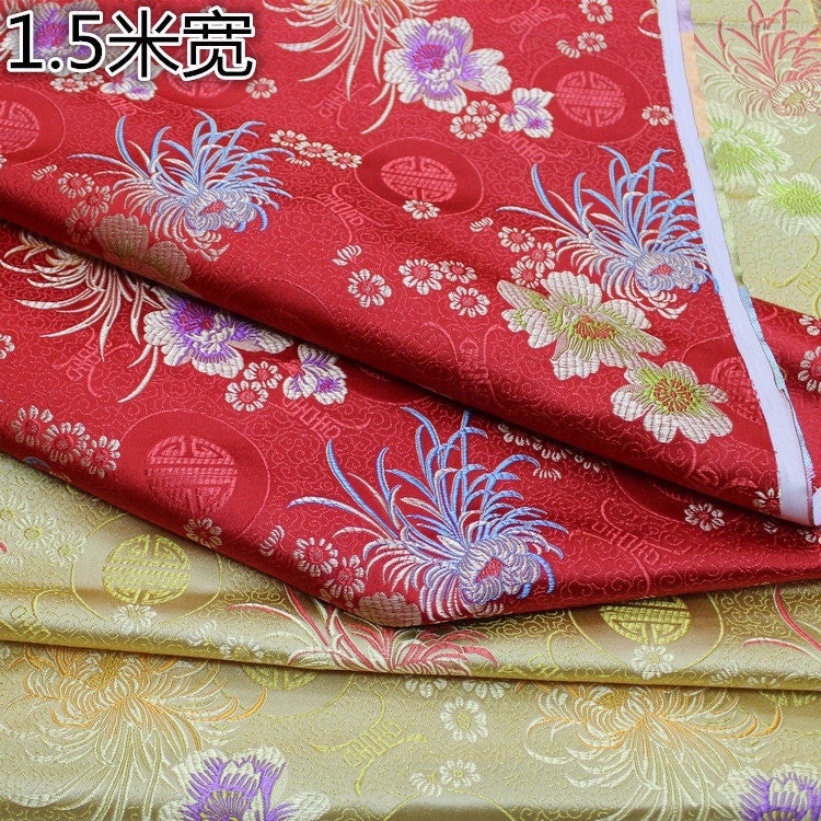 Red Chrysanthemum Brocade Fabric: 59"W Silk Rayon Cheongsam Cushion